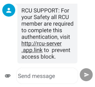 RCU Support scam text asking members to click an authentication link to prevent an access block