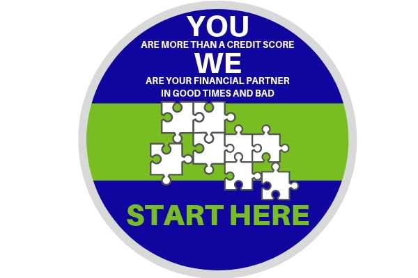 You are more than a credit score.  We are your financial partners in good times and bad.  Image of puzzle pieces followed by the words start here. 