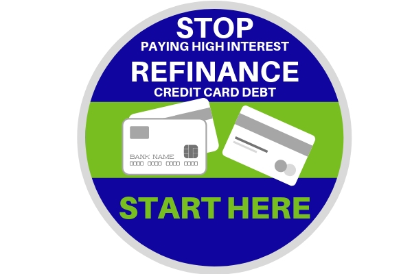 Stop paying high interest.  Refinance credit card debt.  START HERE.  Includes image of three credit cards displaying the words bank name and 16 zeros. 