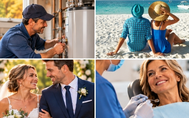 Four scenes: fixing a hot water heater, vacationing, wedding, and dentist appointment