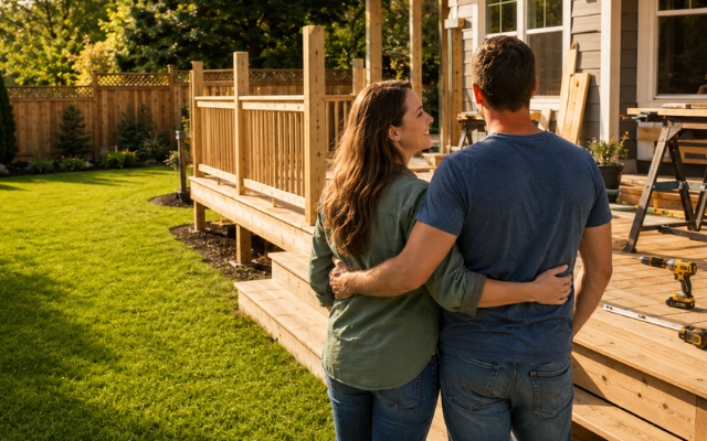A couple admiring their deck remodel project.