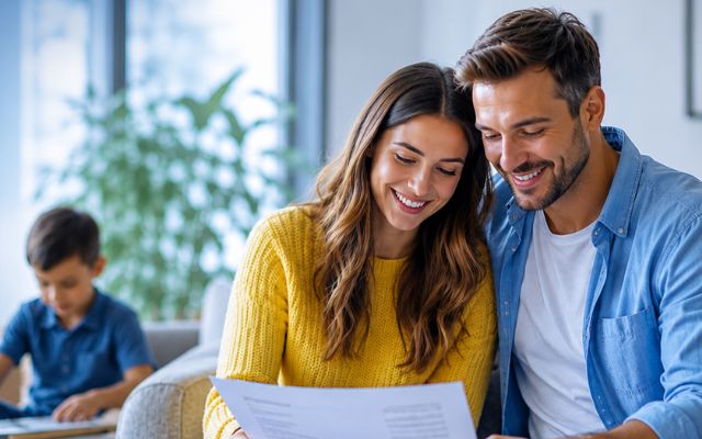 Couple reviewing loan papers with a child playing in the background