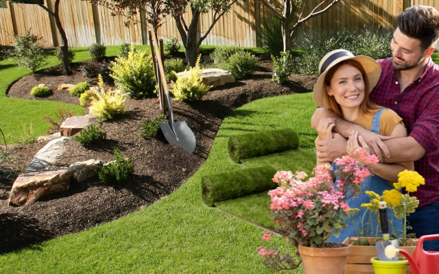 A couple landscaping their yard