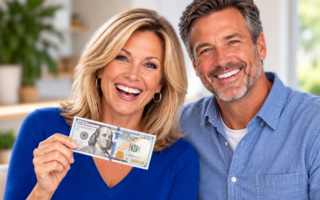 A couple holding a hundred dollar reward