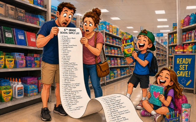 Parents shocked by a back-to-school shopping list while shopping with their children.