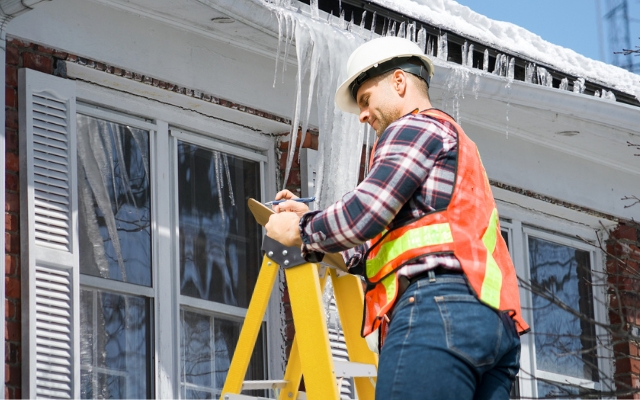 Repair man assessing ice damage on a roof
