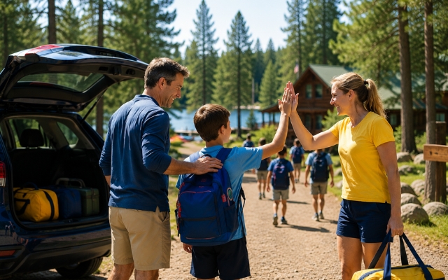 A couple dropping their son off at summer camp