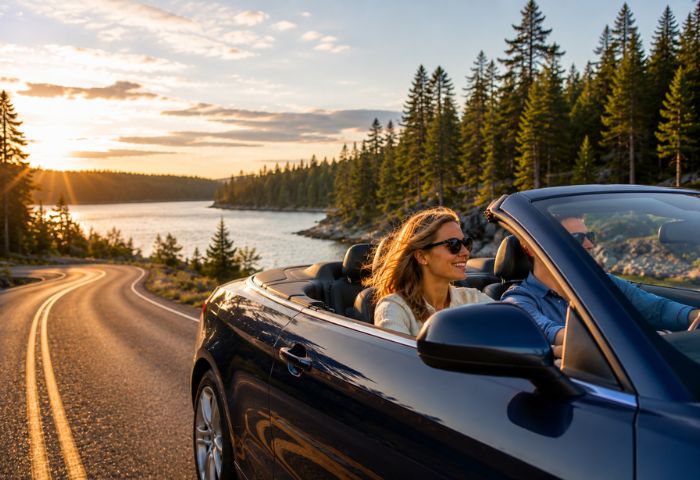 a couple driving in a convertible along a northwoods lake shoreline