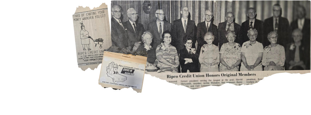 old newspaper article with a group photo and the headline, "Ripco Credit Union Honors Original Members"