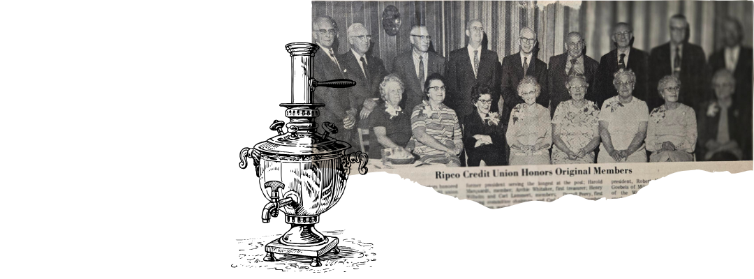 old newspaper article with a group photo and the headline, "Ripco Credit Union Honors Original Members"